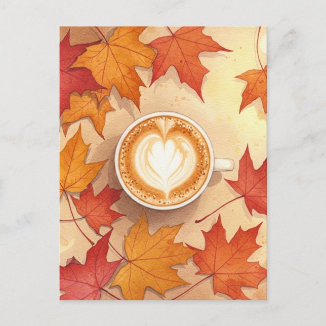 Autumn Coffee Postcard Cozy Fall Leaves Latte Art Vykort (Framsida)