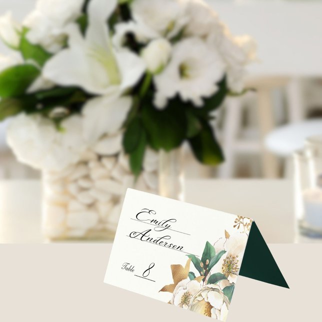 Autumn Cream Ro och Deep Emerald Grönt Kort (Autumn wedding watercolor roses table or escort card)