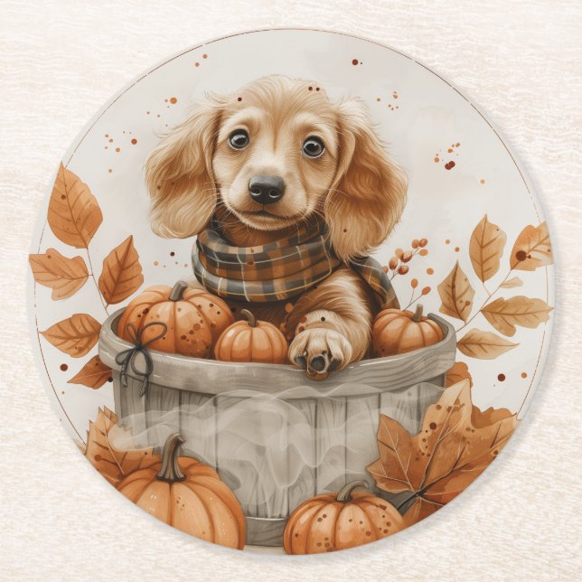 Autumn Dachshund Hundar Pumpkin Underlägg Papper Rund (Framsidan)