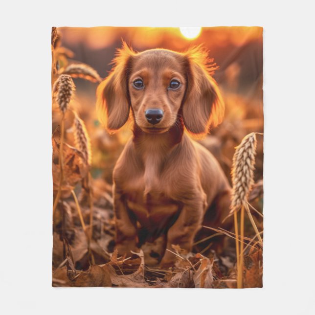 Autumn Dachshund Valp Fleecefilt (Framsidan)