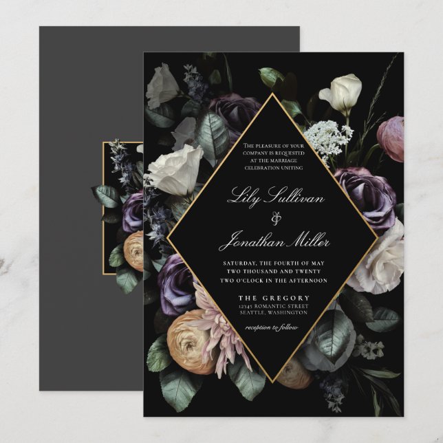 Autumn Dark Moody Floral Frame Purple Wedding Inbjudningar (Fram/baksida)