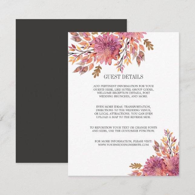 Autumn Dream | UPPGIFTER OM ELEGANT BRÖLLOP GUEST Inbjudningar (Fram/baksida)