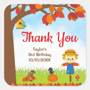 Autumn Fall Boy Fågelskrämma Birthday Tack Fyrkantigt Klistermärke