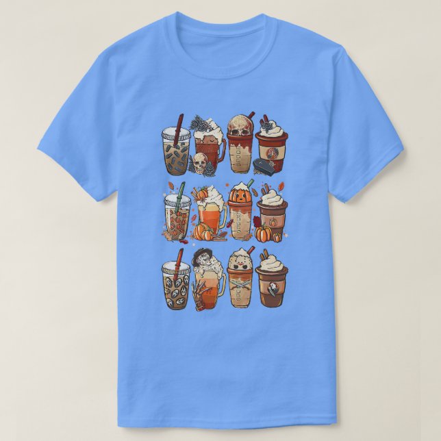 Autumn Fall Coffee Latte Cups Horrors & Ghost Hall T Shirt (Design framsida)