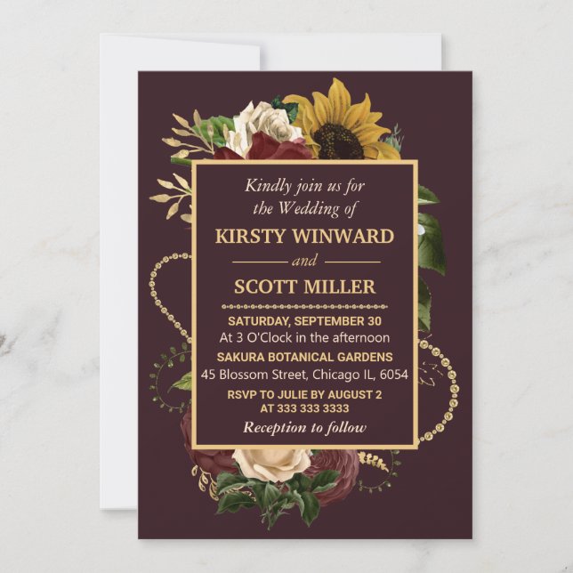 Autumn Fall Flowers Foliage Gold Wedding Inbjudningar (Framsida)