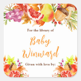 Autumn Fall Harvest Baby Shower Bookplate Fyrkantigt Klistermärke