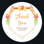 Autumn Fall Harvest Wedding Thank You Runt Klistermärke<br><div class="desc">This beautiful and elegant wedding thank you sticker features watercolor pomegranate,  apples,  grapes,  mushrooms and foliage on a gold geometric frame. The text combines handwritten script and serif fonts for a stylish and modern look. This is perfect for a rustic autumn fall wedding.</div>