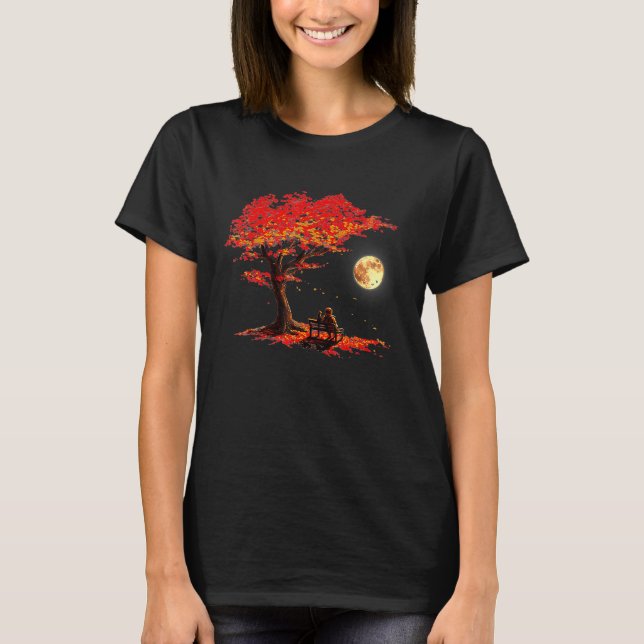 Autumn Fall Leaves Moon Astronaut With Cat Outer S T Shirt (Framsida)