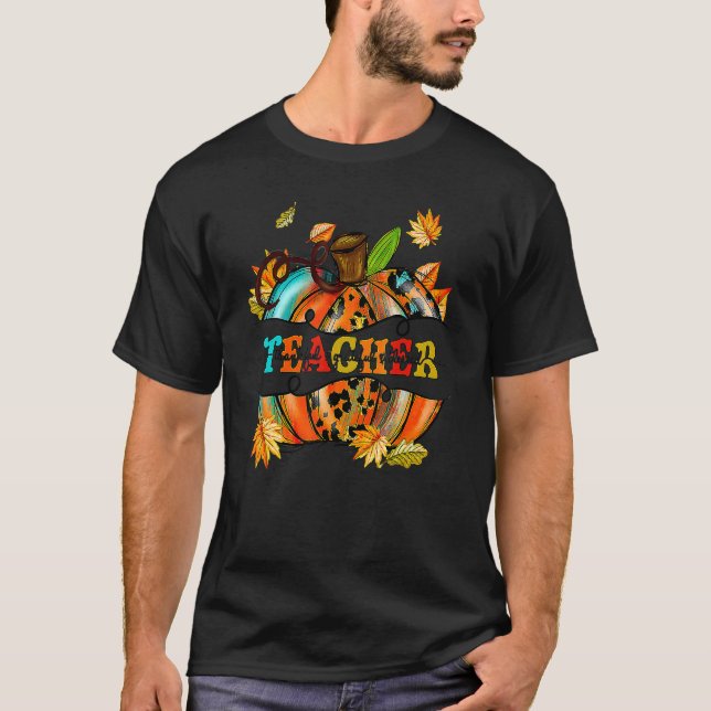 Autumn Fall Outfit Teacher Thankful Grateful Bless T Shirt (Framsida)