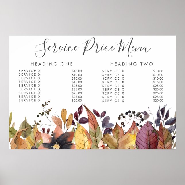 Autumn Fall Service Price Menu Custom Printed Poster (Framsidan)
