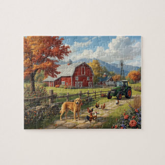 Autumn Farm Dog Tractor Red Barn Fall Scene Pussel