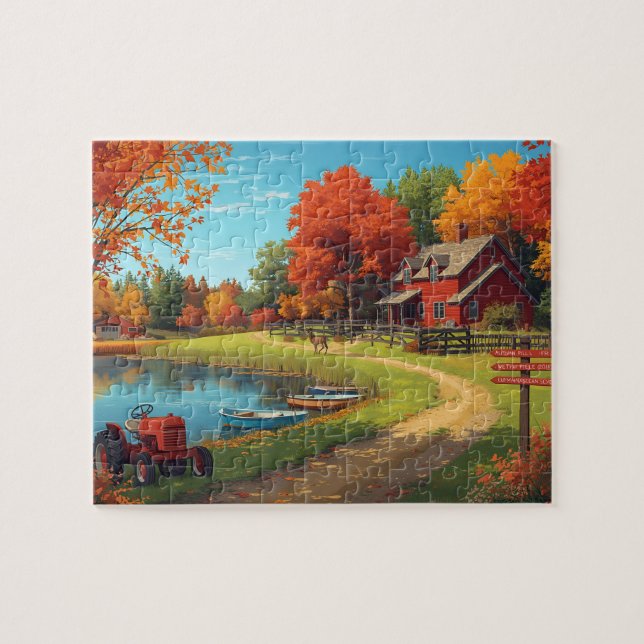 Autumn Farm Pond Red House Tractor Scene Pussel (Horisontell)