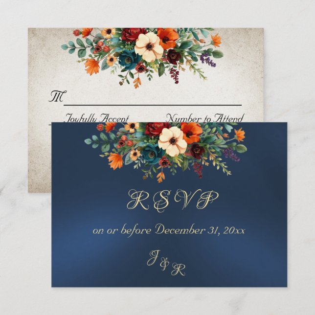 Autumn Floral & Wreath RSVP - Blue OSA Kort (Fram/baksida)