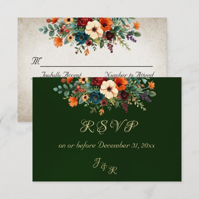 Autumn Floral & Wreath RSVP - Emerald OSA Kort (Fram/baksida)