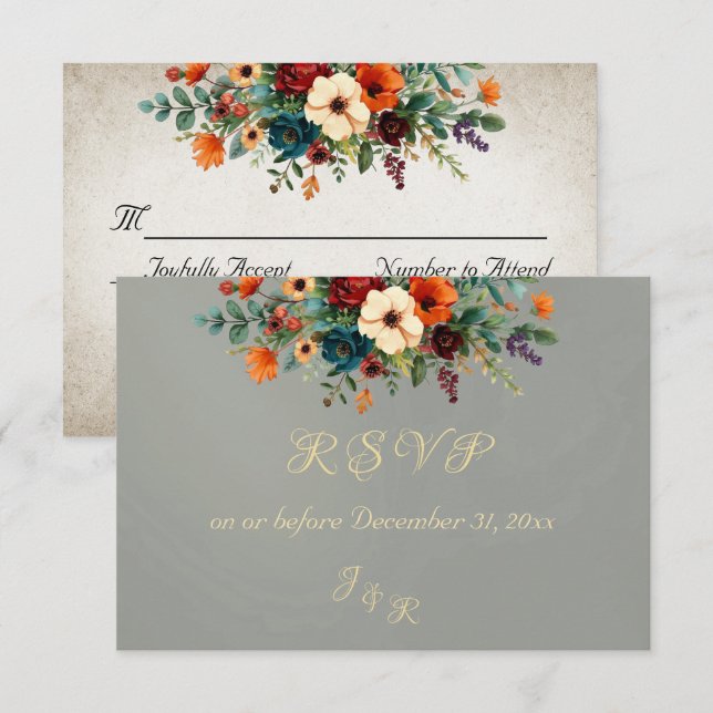 Autumn Floral & Wreath RSVP - Sage OSA Kort (Fram/baksida)