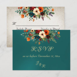 Autumn Floral & Wreath RSVP - Teal OSA Kort