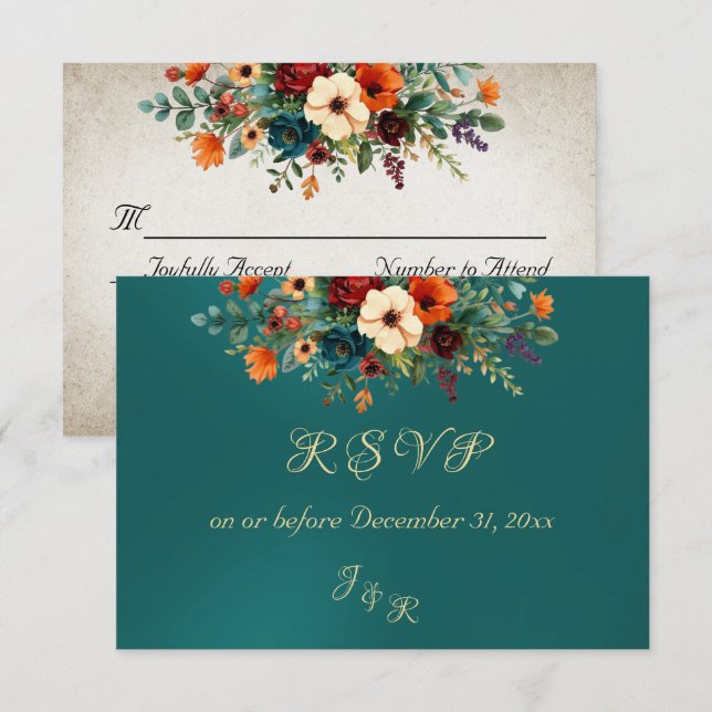Autumn Floral & Wreath RSVP - Teal OSA Kort (Fram/baksida)