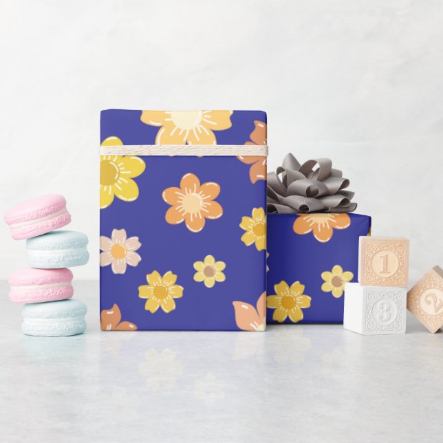 Autumn Flowers Midnight Blue Seamless Bröllop Gift Presentpapper (Baby Shower)