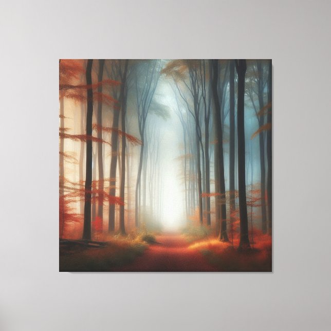 Autumn Fog Forest Canvas, Peaceful Fall Morning  Canvastryck (Framsida)