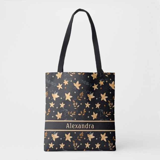 Autumn Foliage Black Mönster Tote Bag Tygkasse (Framsida)