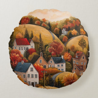 Autumn Folk Art Oljemålning Round Cushion Rund Kudde