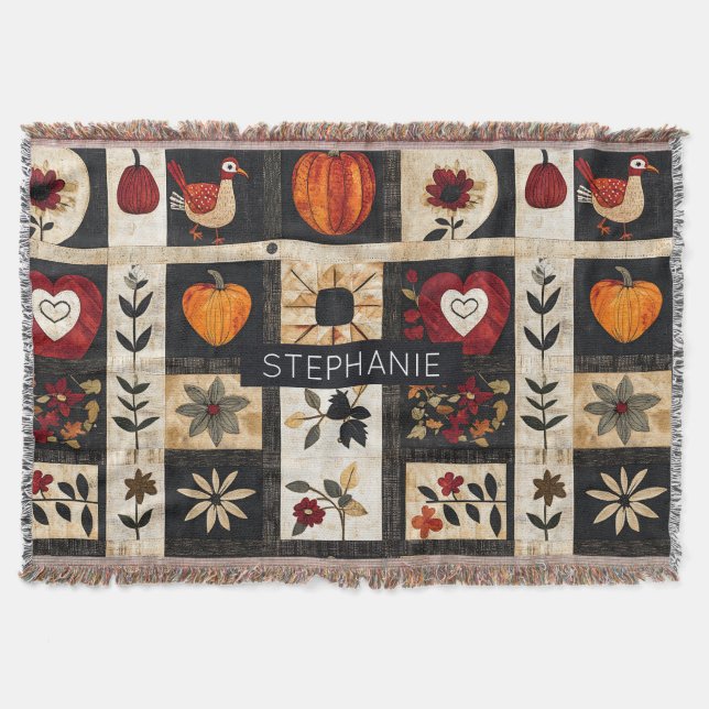 Autumn Folk Art Quilt Mönster | Rustic Botanical Filt (Framsidan)