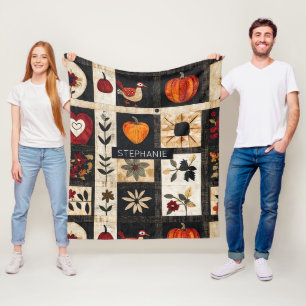 Autumn Folk Art Quilt Mönster Rustic Botanical Fleecefilt