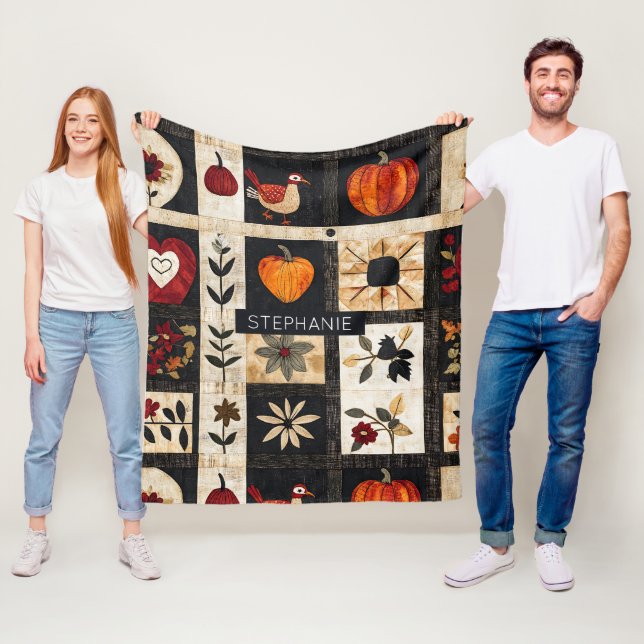 Autumn Folk Art Quilt Mönster | Rustic Botanical Fleecefilt (På plats)