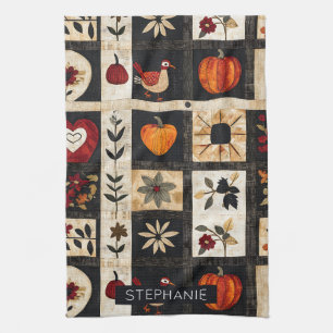 Autumn Folk Art Quilt Mönster Rustic Botanical Kökshandduk