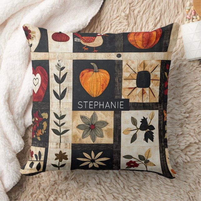 Autumn Folk Art Quilt Mönster | Rustic Botanical Kudde (Filt)