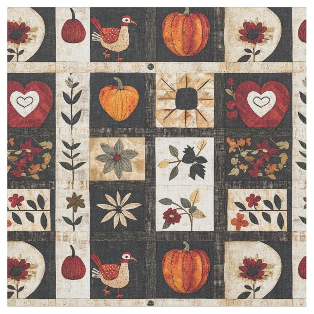 Autumn Folk Art Quilt Mönster | Rustic Botanical Tyg (Närbild)