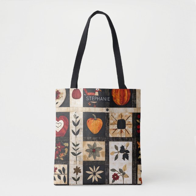 Autumn Folk Art Quilt Mönster | Rustic Botanical Tygkasse (Framsida)