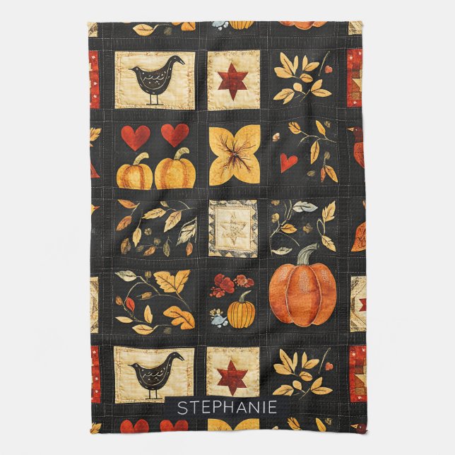 Autumn Folk Art Quilt Mönster | Rustic Patchwork Kökshandduk (Vertikal)