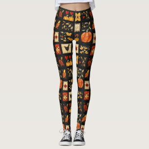 Autumn Folk Art Quilt Mönster Rustic Patchwork Leggings