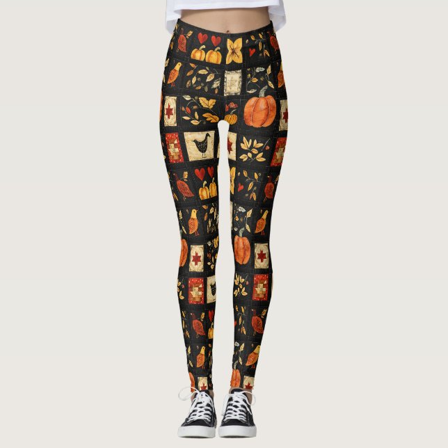 Autumn Folk Art Quilt Mönster | Rustic Patchwork Leggings (Framsida)