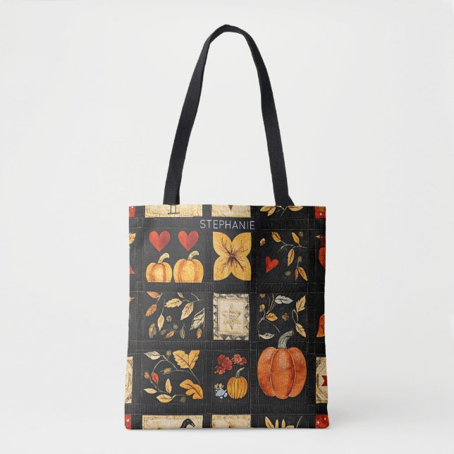 Autumn Folk Art Quilt Mönster | Rustic Patchwork Tygkasse (Framsida)