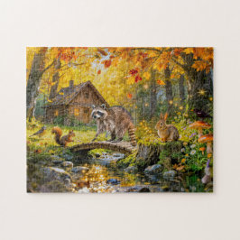 Autumn Forest Cottage with forest animals and Mush Pussel