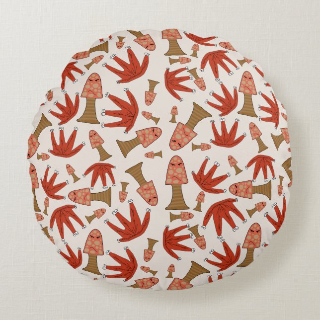 Autumn Forest Friends Round Pillow – Cute Mushroom Rund Kudde (Framsidan)