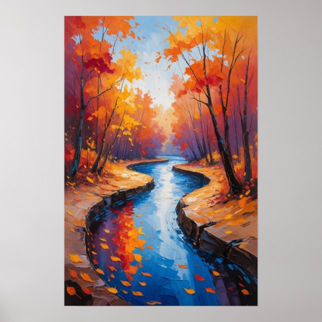 Autumn Forest Path with Flowing Stream Landscape Poster (Framsidan)