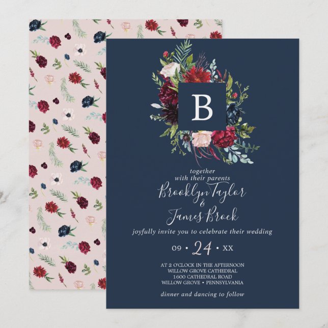 Autumn Garden | Blå marinblå monogram Bröllop Inbjudningar (Fram/baksida)