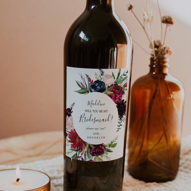 Autumn Garden | Burgundy Bridesmaid Frieri Vinflaska Etikett (Skapare uppladdad)