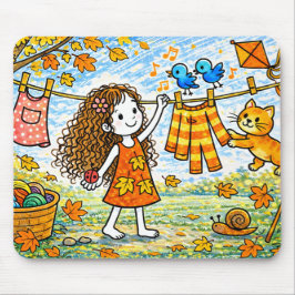 Autumn Girl Cat Clothesline Mouse Pad Musmatta