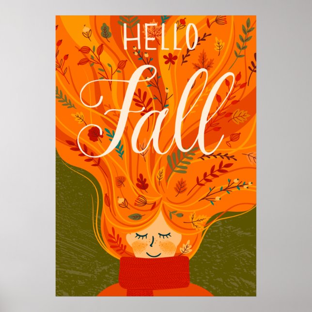 Autumn Girl Red Hair, löv Poster (Framsidan)