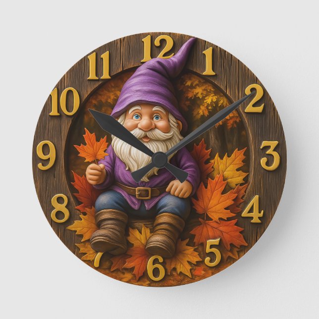 Autumn gnome with maple leaves rustic rund klocka (Framsida)