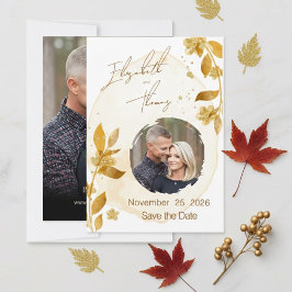 Autumn Golden Floral Script Photo Save the Date Inbjudningar