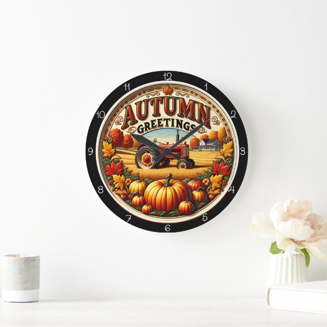 Autumn Greetings Tractor Pumpkin Farm Stor Klocka (Hem)