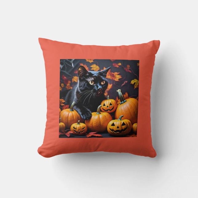 Autumn Halloween Black Cat & Pumpkins Dekorativ ku Kudde (Framsida)