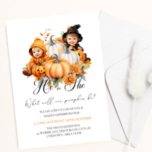 Autumn Halloween Pumpkin Baby Gender Reveal Inbjudningar