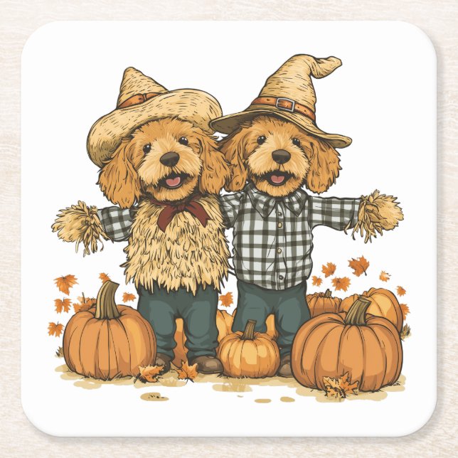 Autumn Harvest Goldendoodle Hundar Underlägg Papper Kvadrat (Framsidan)