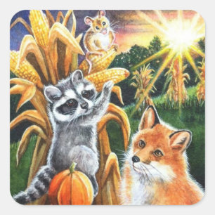 Autumn Harvest Maj Red Fox Raccoon Watercolor Art Fyrkantigt Klistermärke